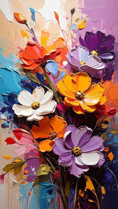 Closeup of abstract rough colorful multicolored organic floral spring flowers art painting texture, with oil acrylic brushstroke, pallet knife paint on canvas wallpaper, AI generated