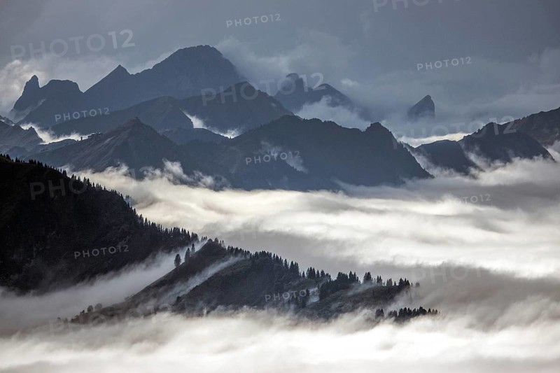 View from the Nebelhorn summit to mountains of the Allgäu Alps, mountains rising from fog in the valley, Oberstdorf, Oberallgäu, Allgäu, Bavaria, Germany
