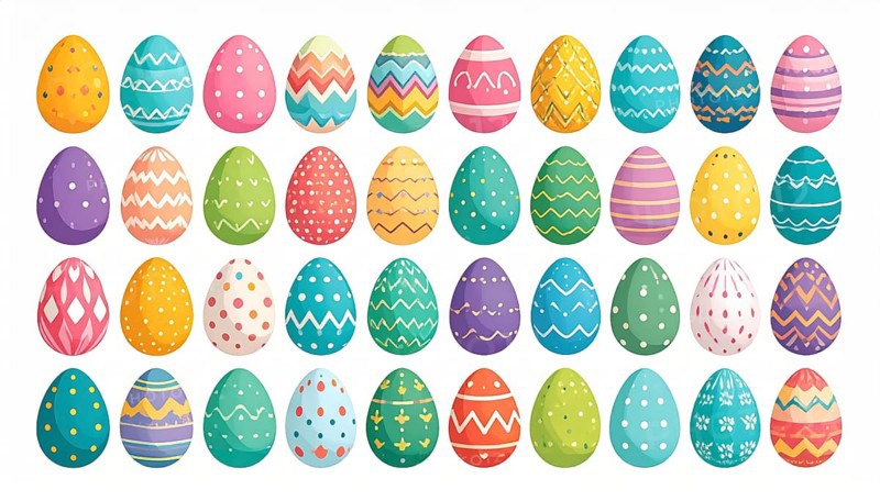 Set of easter eggs flat design on white background, abstract vector wallpaper illustration, banner for springtime, AI generated