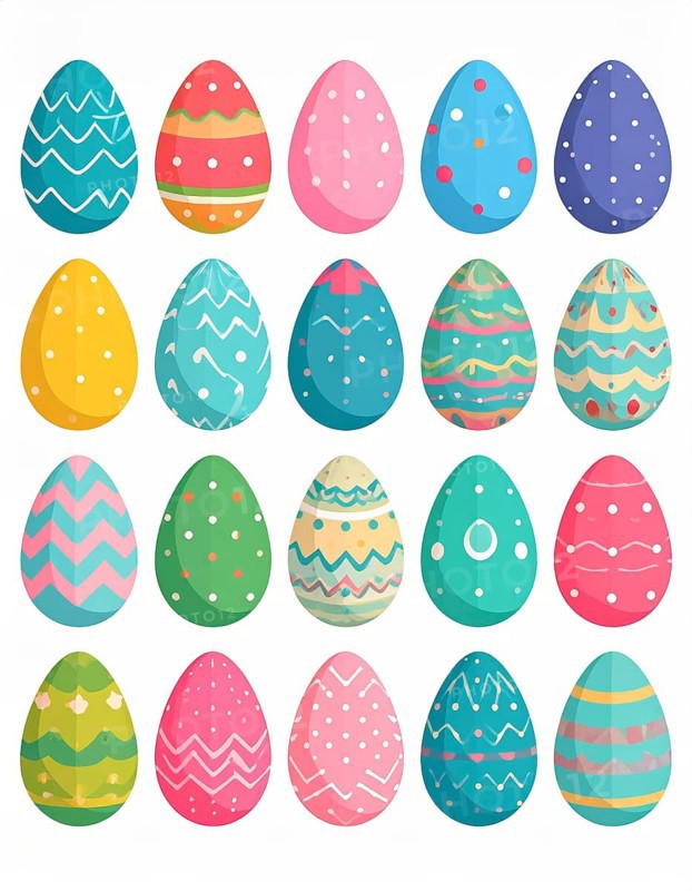 Set of easter eggs flat design on white background, abstract vector wallpaper illustration, banner for springtime, AI generated