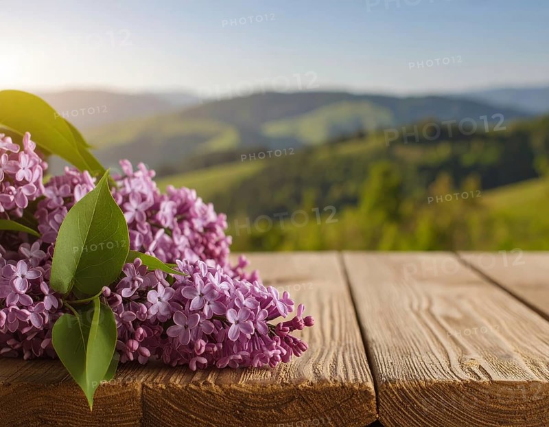 Beautiful Spring Lilacs Bloom Over Wooden Table with Rolling Hills in Background, sunrise at horizon, AI generated
