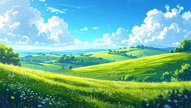 Fresh summer hilly Landscape with blooming Meadow, green plants, Blue Sky with cloudy sky, serene nature background, abstract vector illustration, AI generated