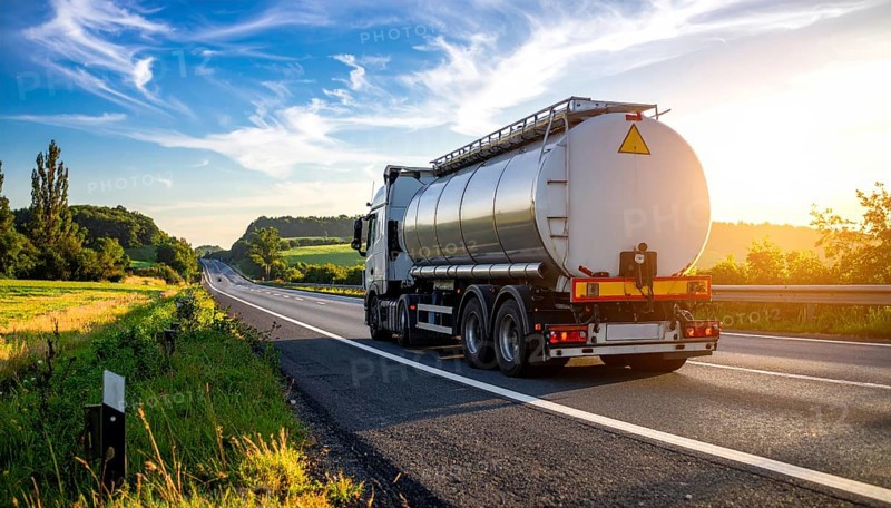 Petrol cargo truck lorry tanker driving on highway hauling oil products at sunrise, wide hilly landscape, AI generated