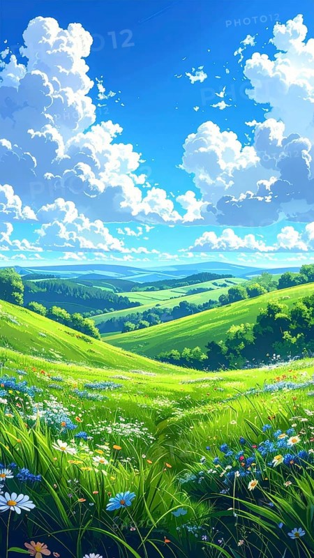 Fresh summer hilly Landscape with blooming Meadow, green plants, Blue Sky with cloudy sky, serene nature background, abstract vector illustration, AI generated