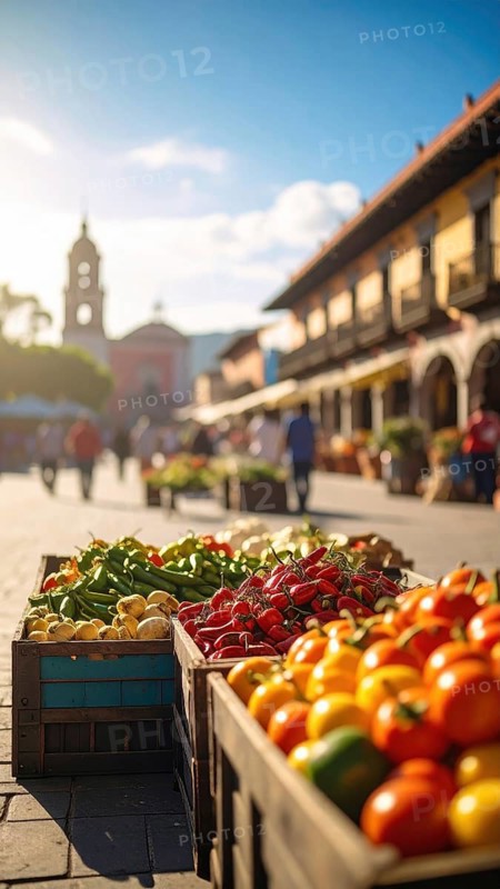 Traditional Mexican plaza with crates of peppers, onions, and tomatoes, economic prosperity in local trade, travel destination in America, AI generated