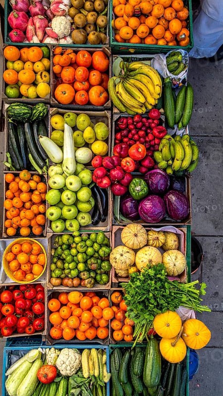 Fresh fruits and vegetables in a market display, aerial view perpendicular top down, healthy eating and lifestyle, AI generated