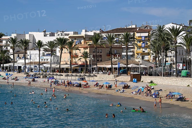View of the beach and old town of Jávea or Xàbia, Alicante Province, Comunidad Valenciana, Spain