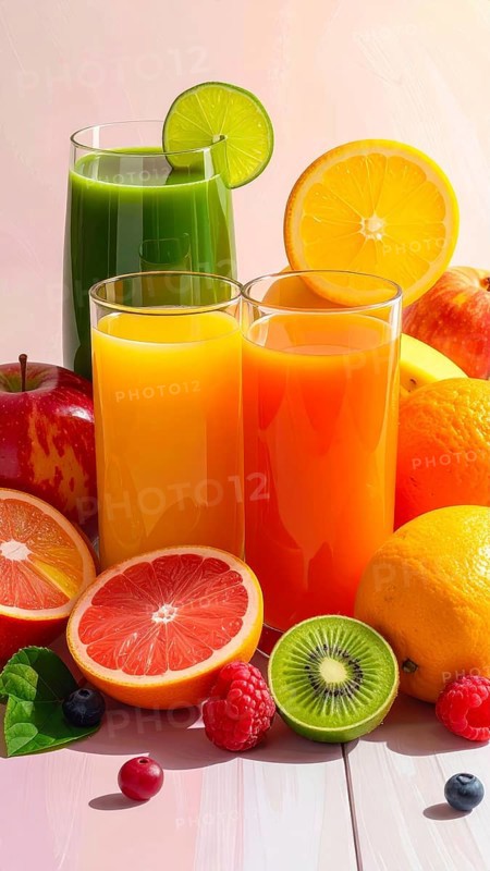 Fresh fruit juices in glasses, surrounded by colorful fruits, showcasing healthy drinking and eating, fitness and wellness lifestyle, AI generated