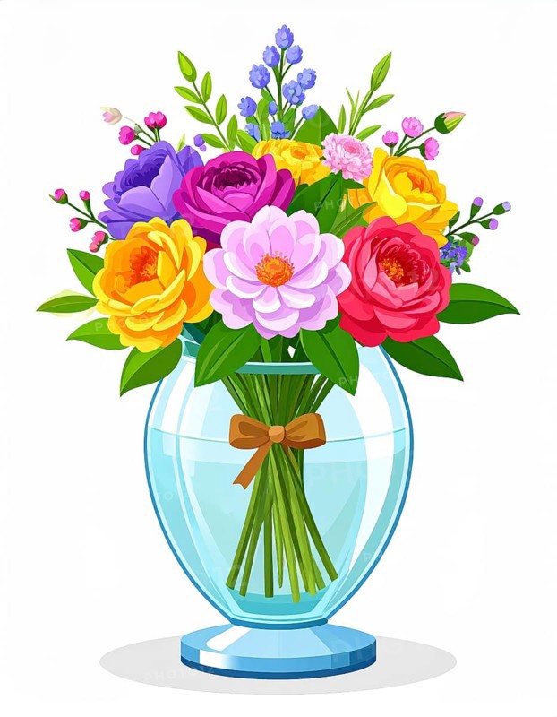 Crystal glass vase with vibrant blooming flowers, vibrant vector drawing illustration for fresh spring background, AI generated