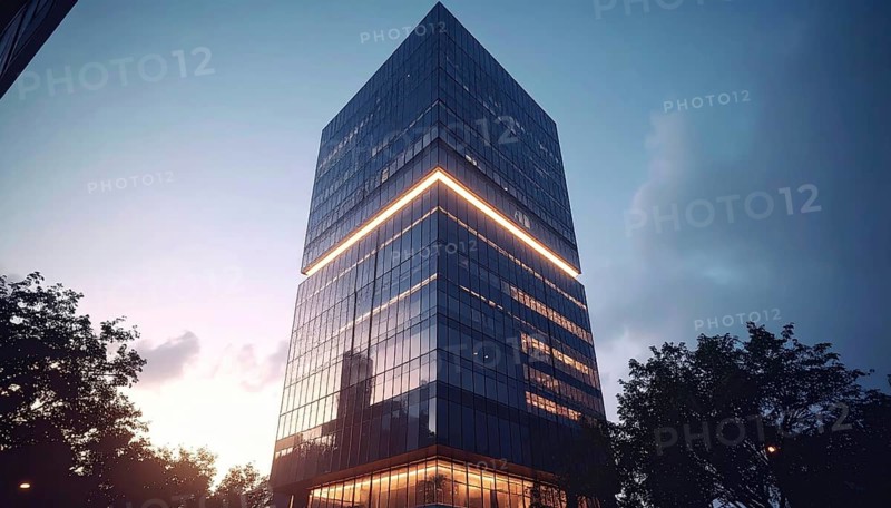 Modern building reflecting sunset light at dusk. Abstract Futuristic Business Background, AI generated