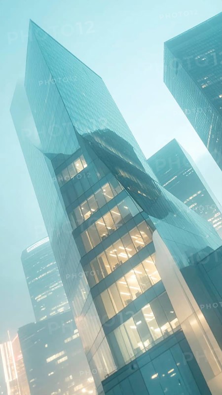 Modern building reflecting sunset light at dusk. Abstract Futuristic Business Background, AI generated