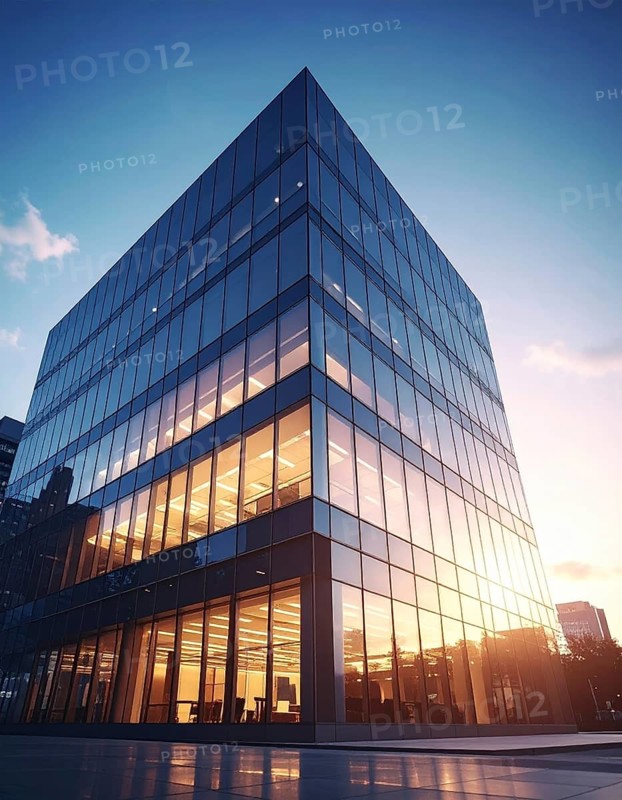 Modern building reflecting sunset light at dusk. Abstract Futuristic Business Background, AI generated