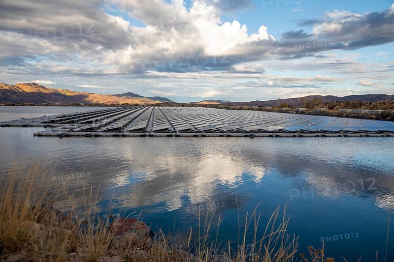 Park City, Utah - Floating solar panels provide power for Mountain Regional Water. The solar array is on the raw water storage pond at the water utility's Signal Hill Treatment Plant