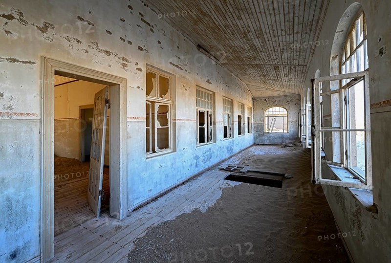 Former dwelling house full of sand, Kolmanskop, restricted diamond area, Karas region, Namibia
