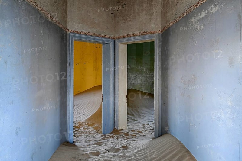 Former dwelling house full of sand, Kolmanskop, restricted diamond area, Karas region, Namibia