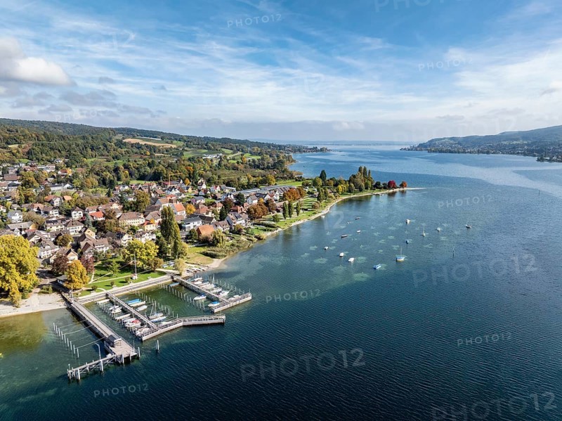 Aerial view of the village of Wangen on the Höri peninsula with boat moorings and jetty on the lakeshore, Lake Rhine, Lake Constance, Constance district, Baden-Württemberg, Germany