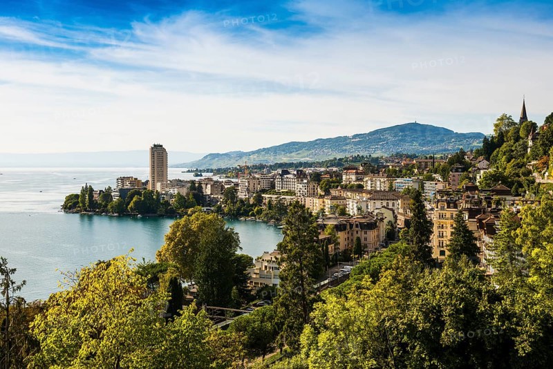 Town by the lake, Panorama, Montreux, Lake Geneva, Lac Léman, Canton Vaud, Switzerland