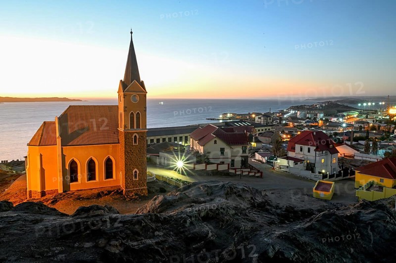 View of the rock church from 1912, blue hour, Lüderitz, Karas Region, Namibia