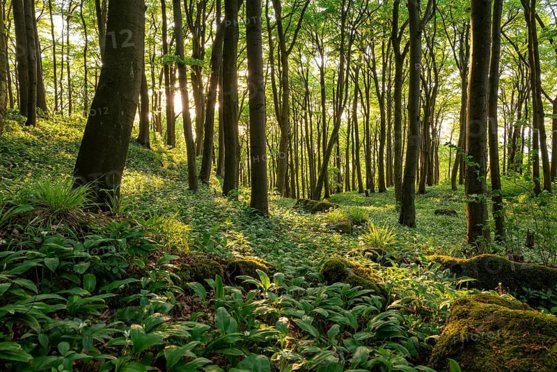 The light of the sun shines in an idyllic beech forest in spring with lush green wild garlic on the ground, Naturwald Saubrink-Oberberg, Ith, Weserbergland, Lower Saxony, Germany