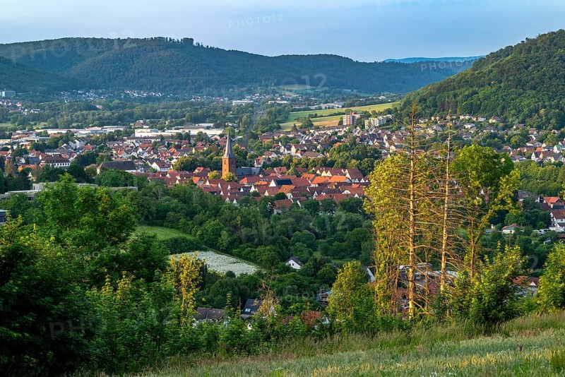 Elevated view of the historic old town of Lügde, Teutoburg Forest, North Rhine-Westphalia, Germany
