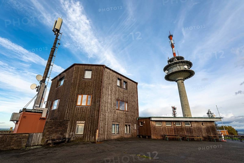 Köterberghaus and radio tower on the Köterberg, a popular excursion destination for motorbike riders between Lügde and Höxter, Teutoburg Forest, North Rhine-Westphalia, Germany