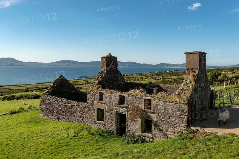 Ruin of a typical Irish farmhouse, Ring of Kerry, Iveragh Peninsula, County Kerry, Ireland