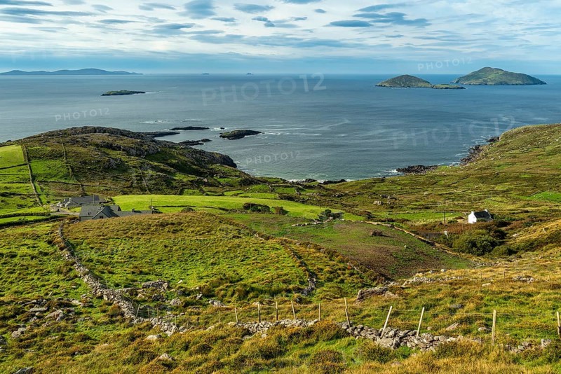 Elevated view over green meadows bordered by natural stone walls and typical cottages to the Atlantic Ocean with the islands of Scariff and Seenish, Ring of Kerry, Iveragh Peninsula, County Kerry, Ireland