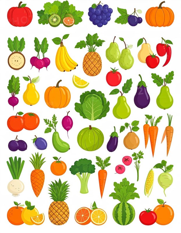 Spring and summer fruit and vegetable element set, vector illustration, AI generated