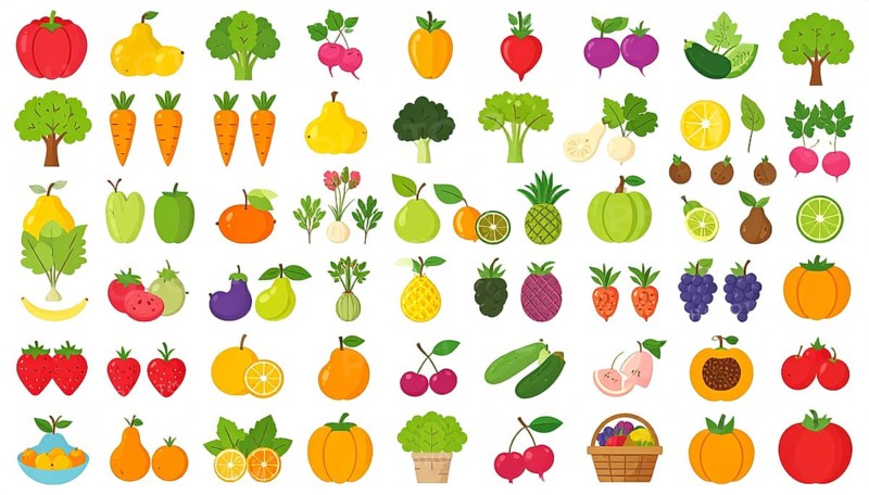 Spring and summer fruit and vegetable element set, vector illustration, AI generated