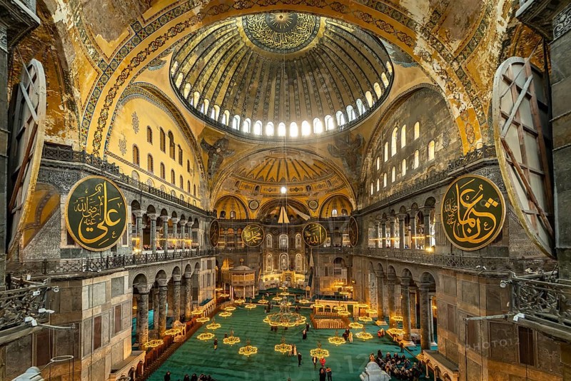 Interior of today's Hagia Sophia mosque or Church of St Sophia, former Byzantine church and museum in Istanbul, Turkey