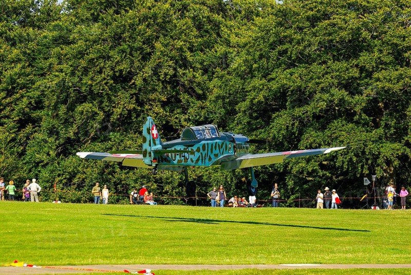 A Pilatus P-2 of Pilatus Flugzeugwerke AG with the registration D-EPII during a flight demonstration as part of an air show at the Rossfeld in Metzingen-Glems, Baden-Württemberg, Germany, for editorial use only