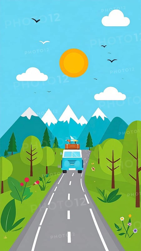 Traveling and hiking in mountain landscape, abstract vector illustration, AI generated image
