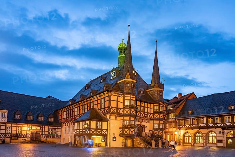 The town hall and market square in Wernigerode at dusk, Saxony-Anhalt, Germany