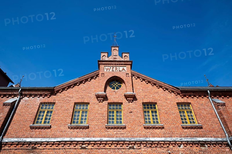 Brick façade with inscription Werla, former paper factory and mill for the production of groundwood pulp board, UNESCO World Heritage Site Factory Village Verla, Maailmanperintökohde Verlan puuhiomo ja pahvitehdas, Verla Rapids, Kymenlaakso, near Kouvola, Finland
