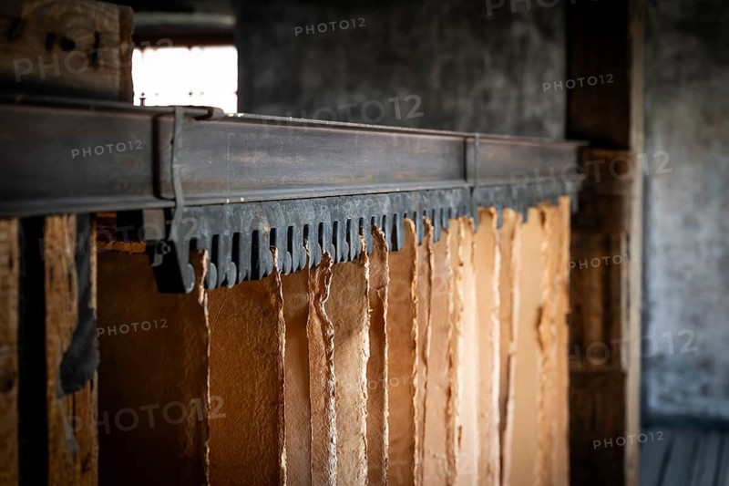 Cardboard hung up to dry, drying plant, factory hall, former paper factory and mill for the production of groundwood pulp board, UNESCO World Heritage Site Verla Factory Village, Maailmanperintökohde Verlan puuhiomo ja pahvitehdas, Verla Rapids, Kymenlaakso, near Kouvola, Finland