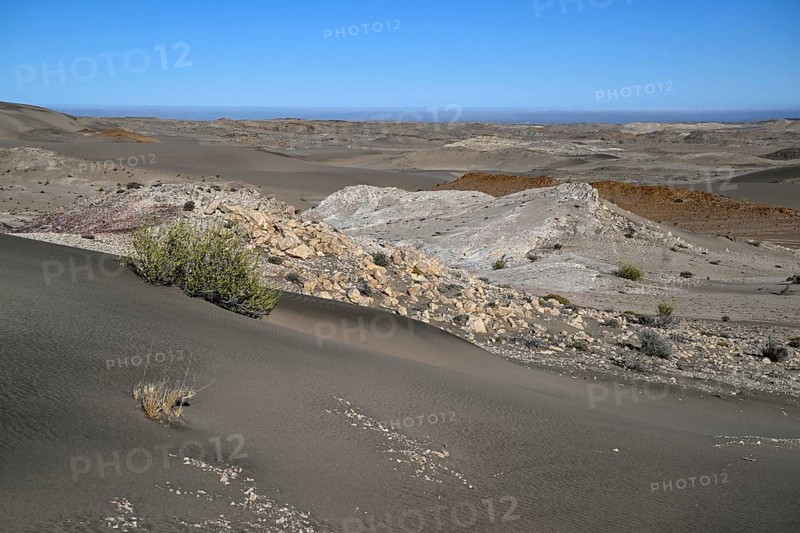 Wüstenlandschaft bei Pomona, im Hintergrund der Atlantik, Diamentensperrgebiet, bei Lüderitz, Region Karas, Namibia