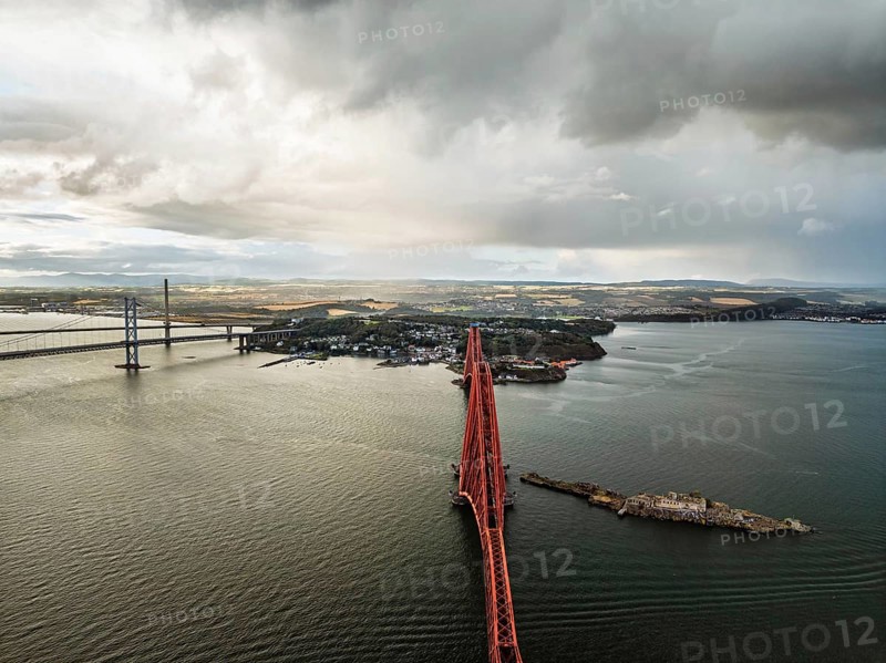 Forth Bridge from a drone, Queensferry Crossing, Forth Estuary, Scotland, United Kingdom