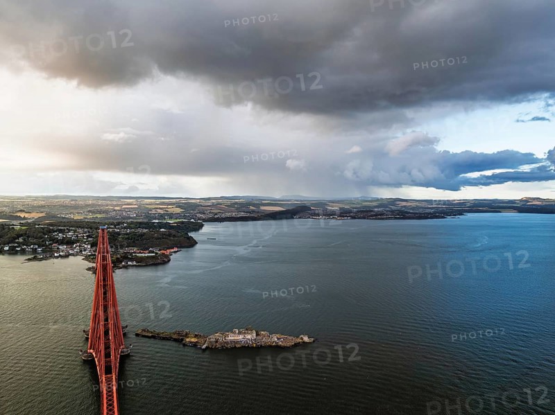 Inch Garvie Castle from a drone, Forth Bridge, Queensferry Crossing, Forth Estuary, Scotland, United Kingdom