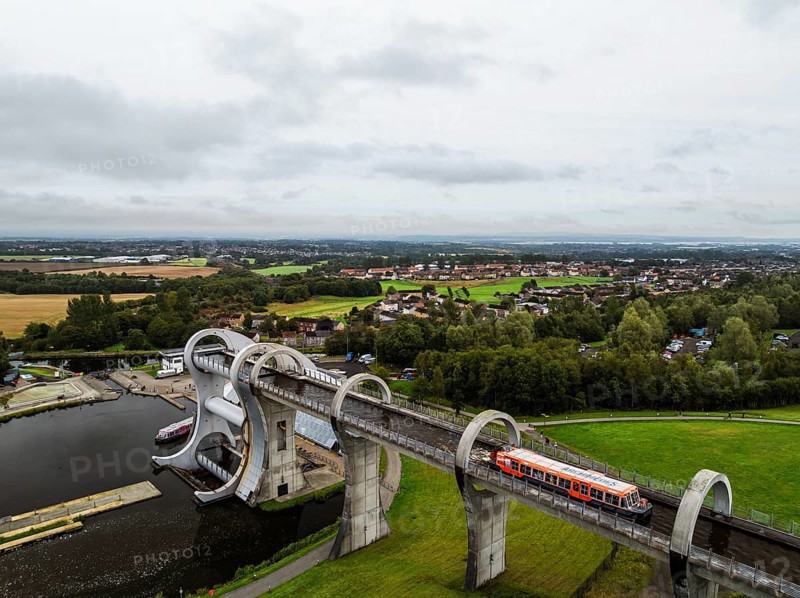 Filkirk Wheel from a drone, Forth and Clyde Canal, Falkirk, Scotland, UK