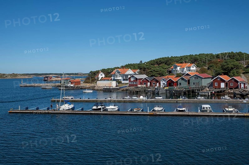 Harbour with boats and boathouses, Resö Island, Bohuslän, Skagerrak, Sotenäs, Västra Götalands län, Sweden