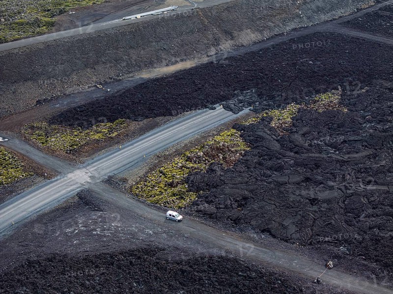 Lava, lava field, road, destroyed, summer, cloudy, sunny, aerial view, Blue Lagoon, Sundhnúkur crater series, Fagradalsfjall, Reykjanes, Iceland