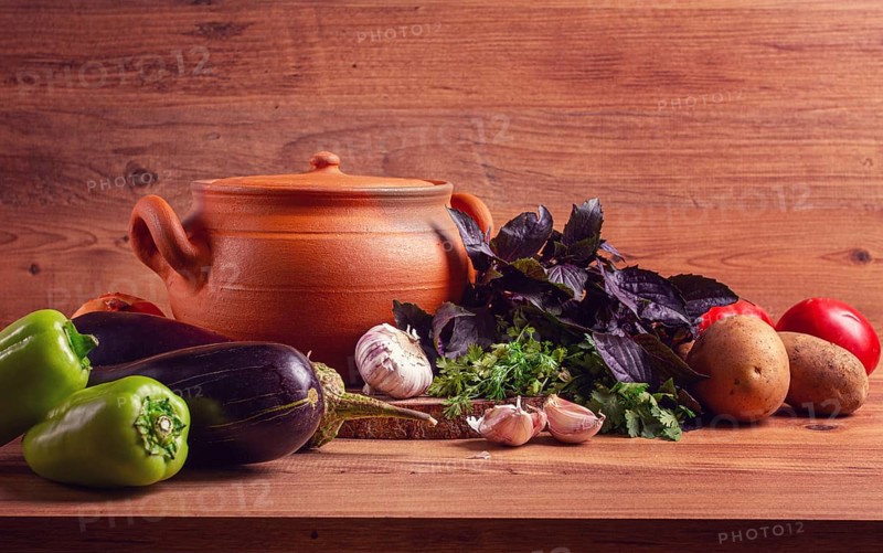 Clay pot, with ingredients, for cooking Chanakhi dishes, Georgian cuisine, no people