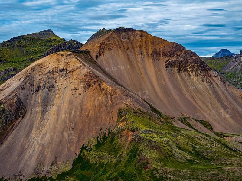 Mountains, coast, summer, aerial view, morning light, volcanic, cloudy, Faskrudsfjördur, East Fjords, Iceland