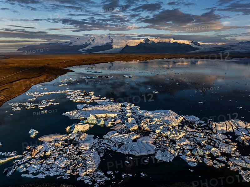 Ice floes, glacier, glacier tongue, fog, clouds, morning mood, mountains, reflection, aerial view, summer, glacier lagoon, Jökulsarlon, Vatnajökull, Iceland