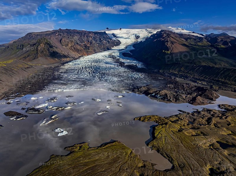 Ice floes, glacier, glacier tongue, glacier lake, sunny, morning mood, mountains, reflection, aerial view, summer, Kviarjökull, Vatnajökull, Iceland