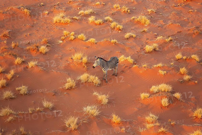 Hartmann's Mountain Zebra (Equus zebra hartmannae). At a sandy plain in the Namib Desert. Aerial view from a helicopter. Namib-Naukluft Park, Namibia