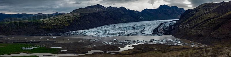 Glacier, glacier tongue, glacier lake, mountains, cloudy, aerial view, panorama, summer, Skaftafellsjökull, Skaftafell, Iceland