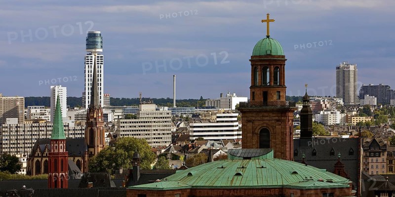 Tower of St Paul's Church, the old Protestant Church of St Nicholas, the Protestant Church of the Epiphany and the New Henninger Tower, Frankfurt am Main, Hesse, Germany