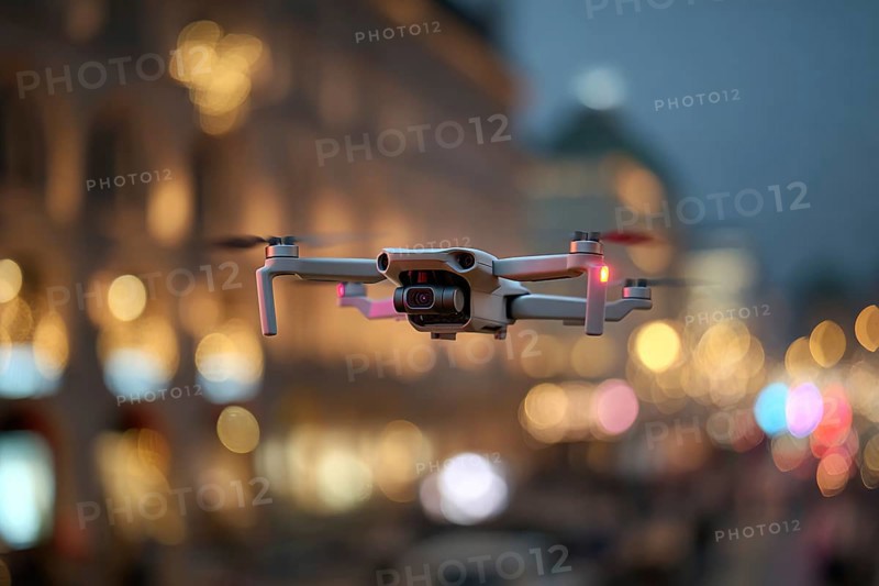 Ein Fernpilot steuert sein Quadrocopter, Drohne illegal über dichtbesiedeltes Stadtgebiet an einem touristischem Hotspot mit vielen Menschen, Symbolbild für illegaler Drohnenbetrieb über Menschenmengen, kritische Infrastruktur, Flugverbot, Betriebsverbot, Persönlichkeitsrechte, Eigentumsrechte, Urheberrechte, AI generiert, AI generated