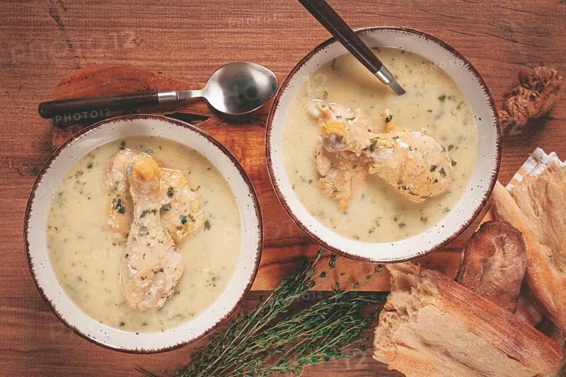 Chikhirtma chicken soup, Georgian dish, with lavash, top view, no people